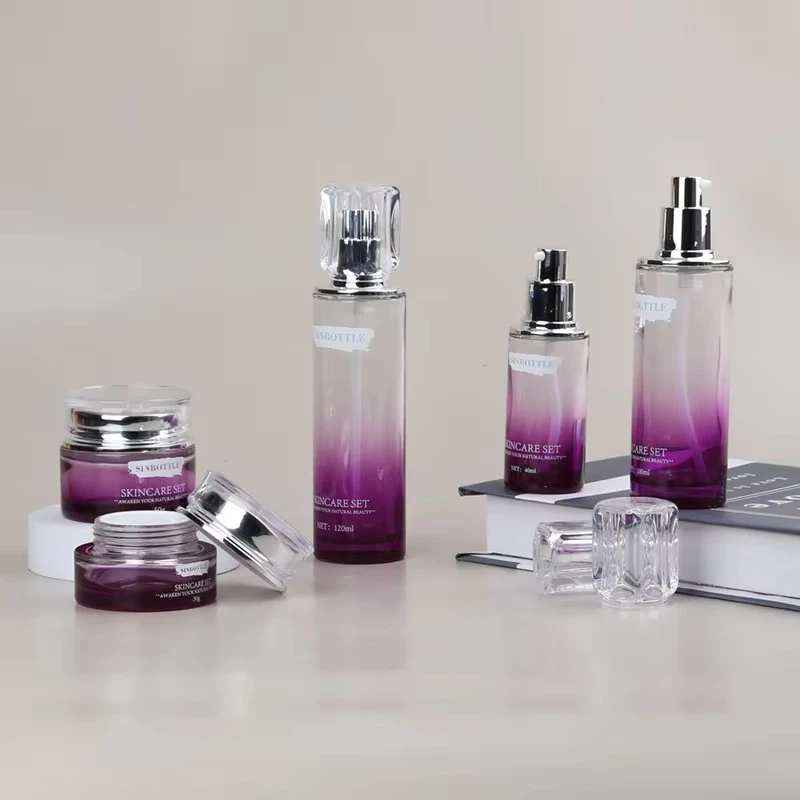 Wholesale Purple Gradient Glass Cosmetic Packaging Set 30/50g Cream Jar 40ml 100ml 120ml Lotion Bottle Luxury Skincare Container suppliers