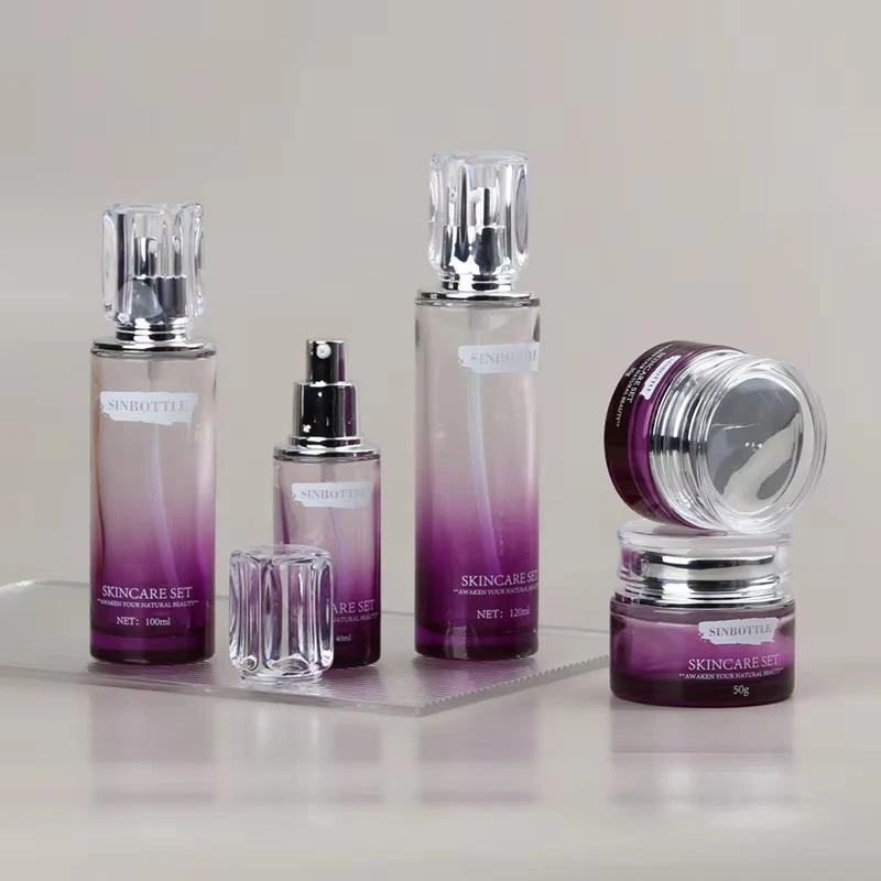 Wholesale Purple Gradient Glass Cosmetic Packaging Set 30/50g Cream Jar 40ml 100ml 120ml Lotion Bottle Luxury Skincare Container factory